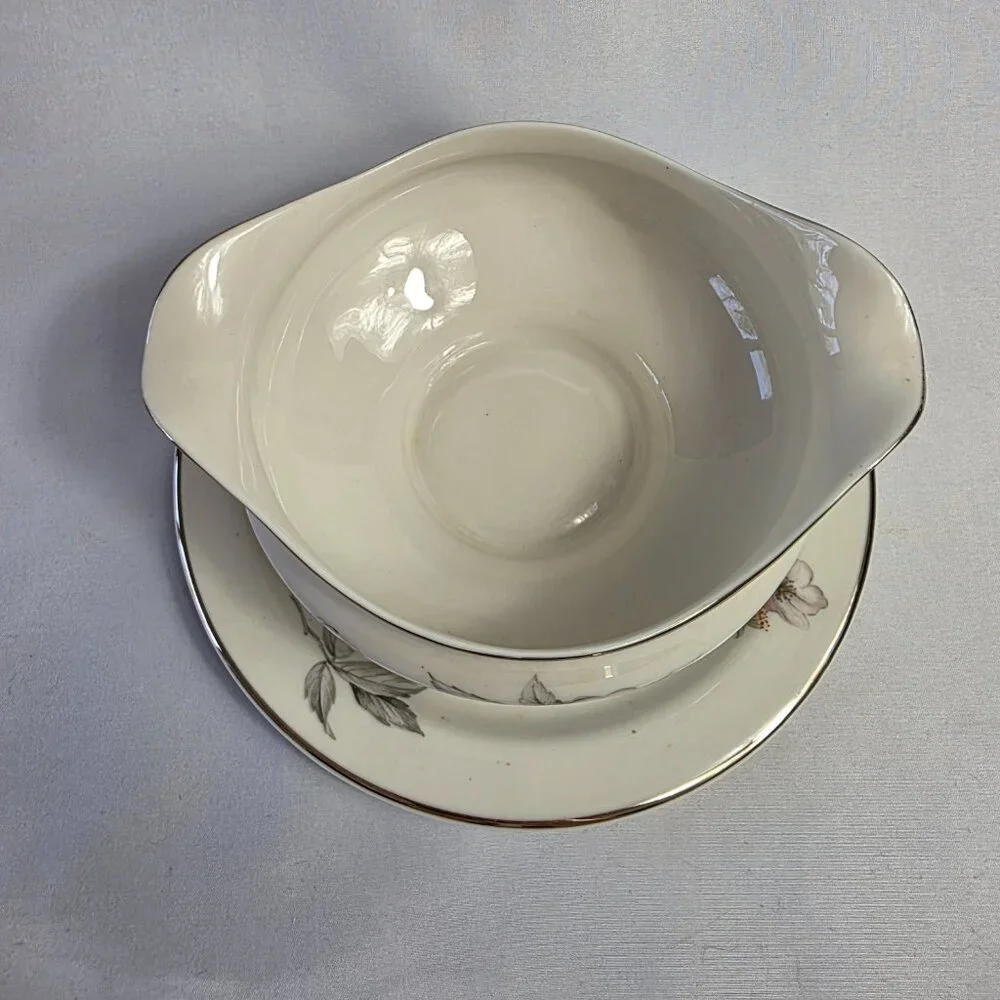 Manor House Spring Glory Gravy Boat & Underplate Pink & White Floral Gray Leaves